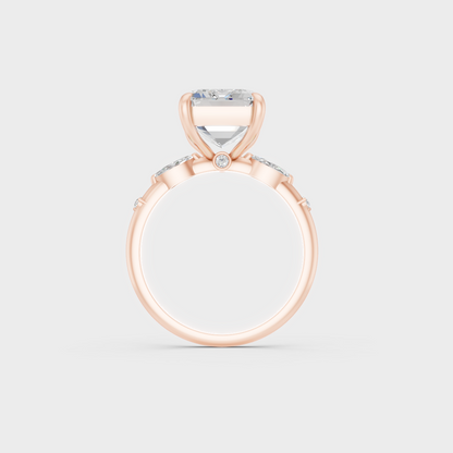 Angled profile view of 4.56ct multishape engagement ring in romantic rose gold