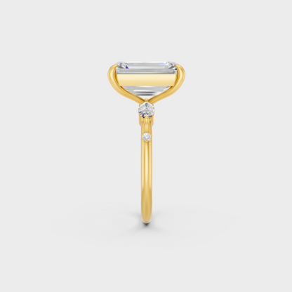 Hand model wearing 4.56 carat multishape lab grown diamond ring in yellow gold