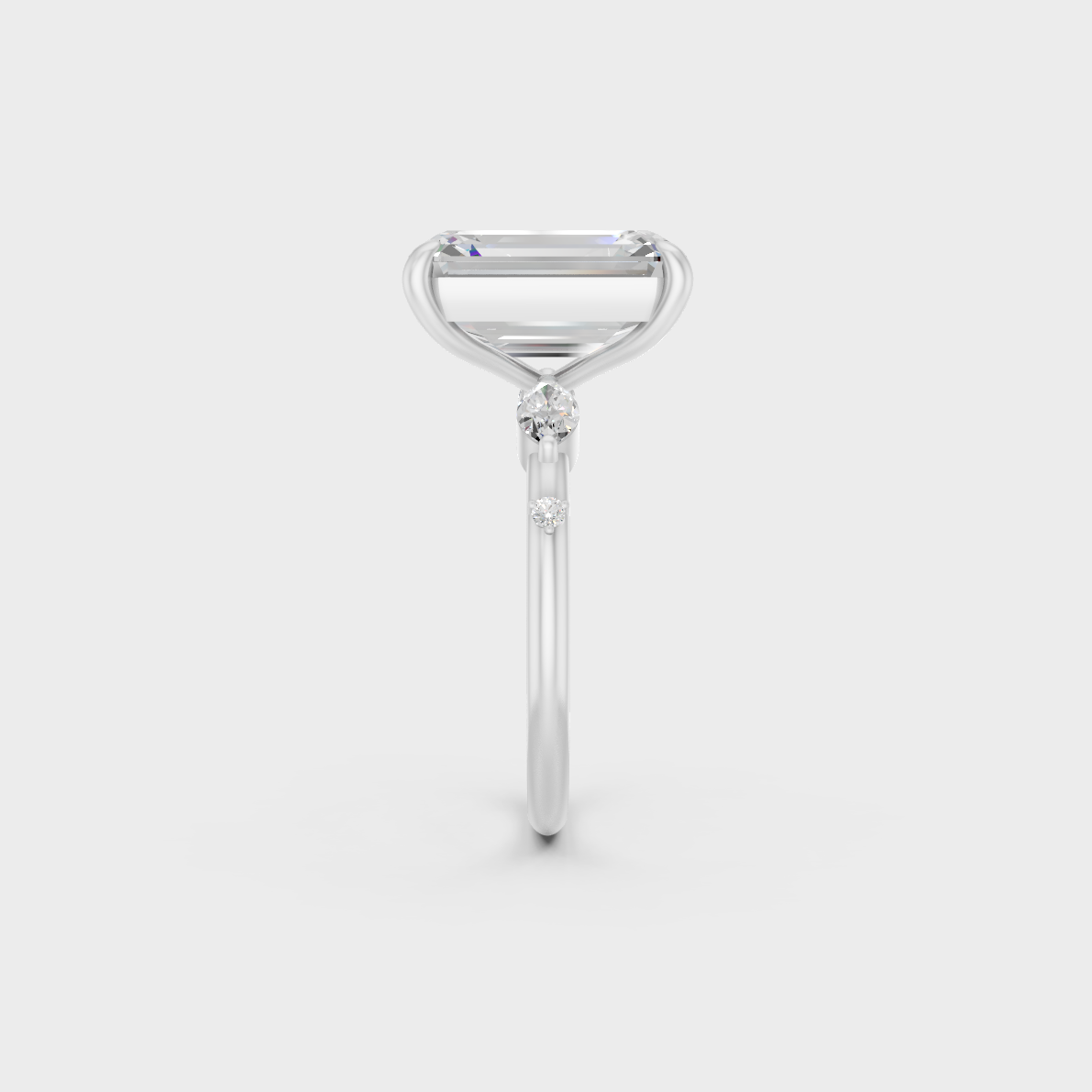 Profile view showing basket setting of 4.56ct multishape diamond ring in white gold