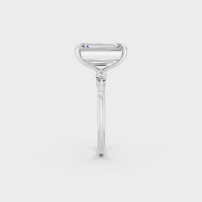 Profile view showing basket setting of 4.56ct multishape diamond ring in white gold