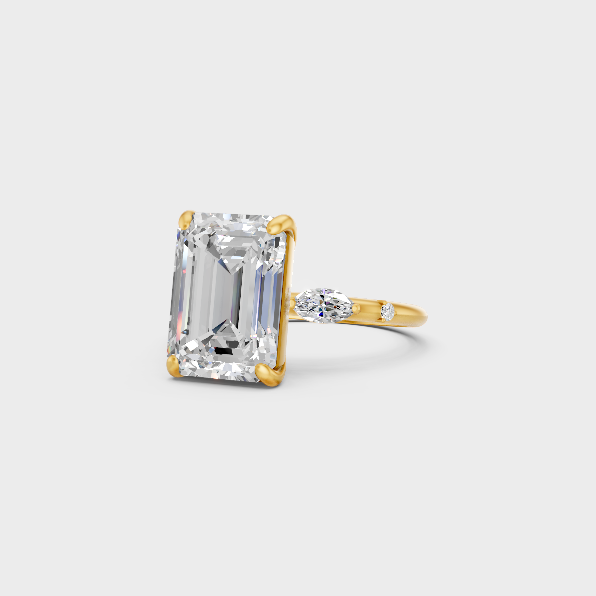 4.56 carat multishape lab grown diamond ring set in 18k yellow gold viewed from front angle