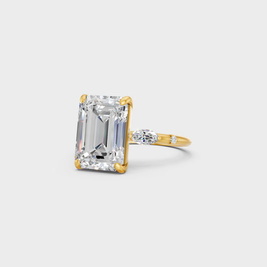 4.56 carat multishape lab grown diamond ring set in 18k yellow gold viewed from front angle