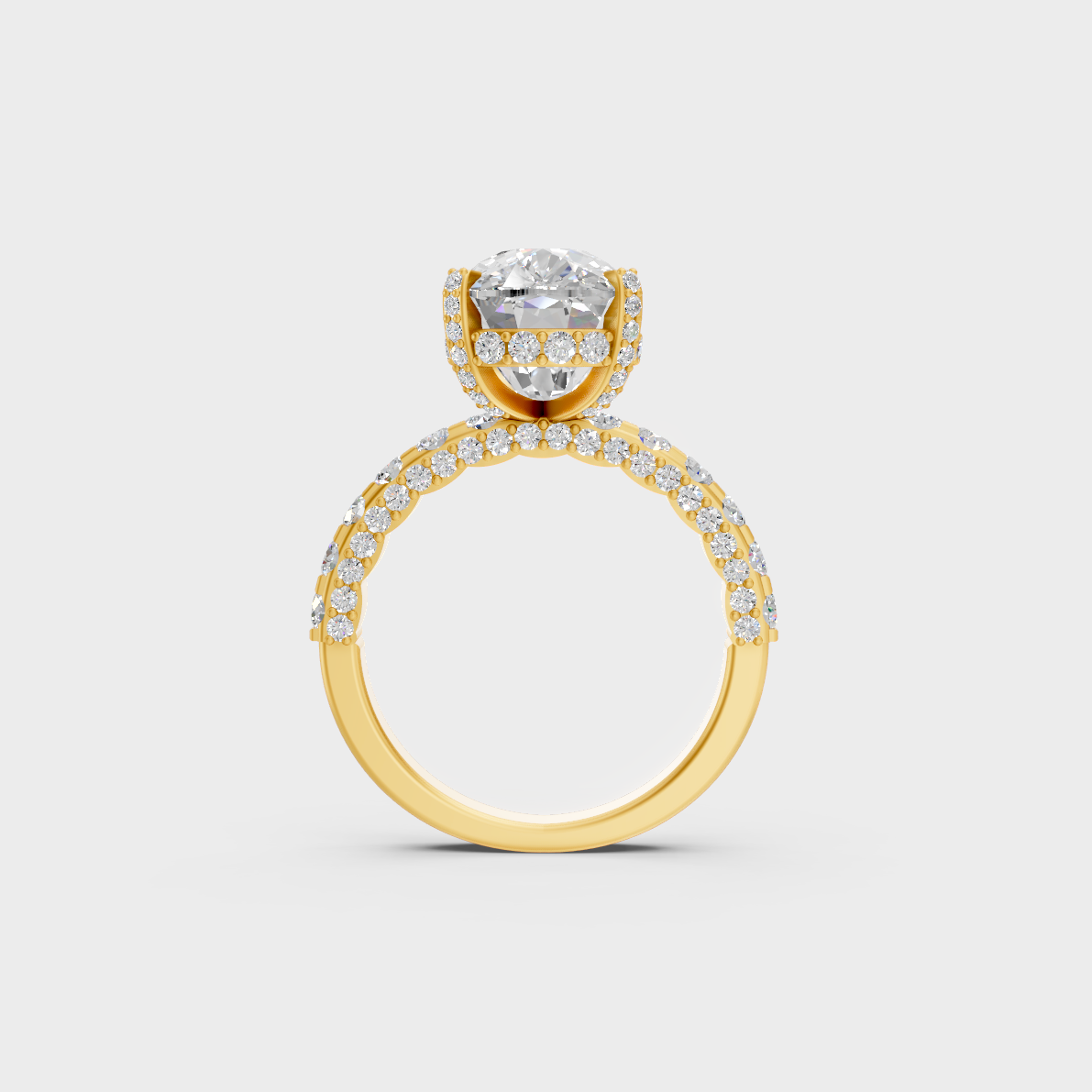 Hand model showcasing 8.15 carat lab grown cushion diamond solitaire ring in yellow gold
