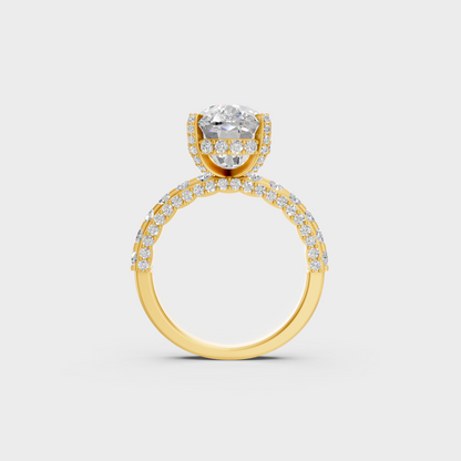 Hand model showcasing 8.15 carat lab grown cushion diamond solitaire ring in yellow gold