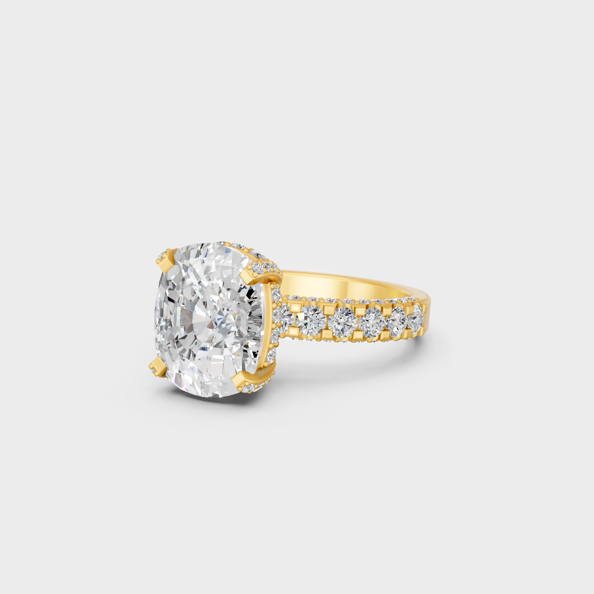 8.15 carat cushion and round cut lab grown diamond solitaire ring in 18k yellow gold front view