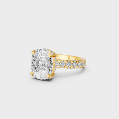 8.15 carat cushion and round cut lab grown diamond solitaire ring in 18k yellow gold front view