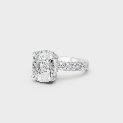 8.15 carat cushion and round cut lab grown diamond solitaire ring in classic white gold and platinum