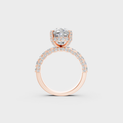 On-hand fit shot of 8.15 carat lab grown cushion diamond ring in rose gold