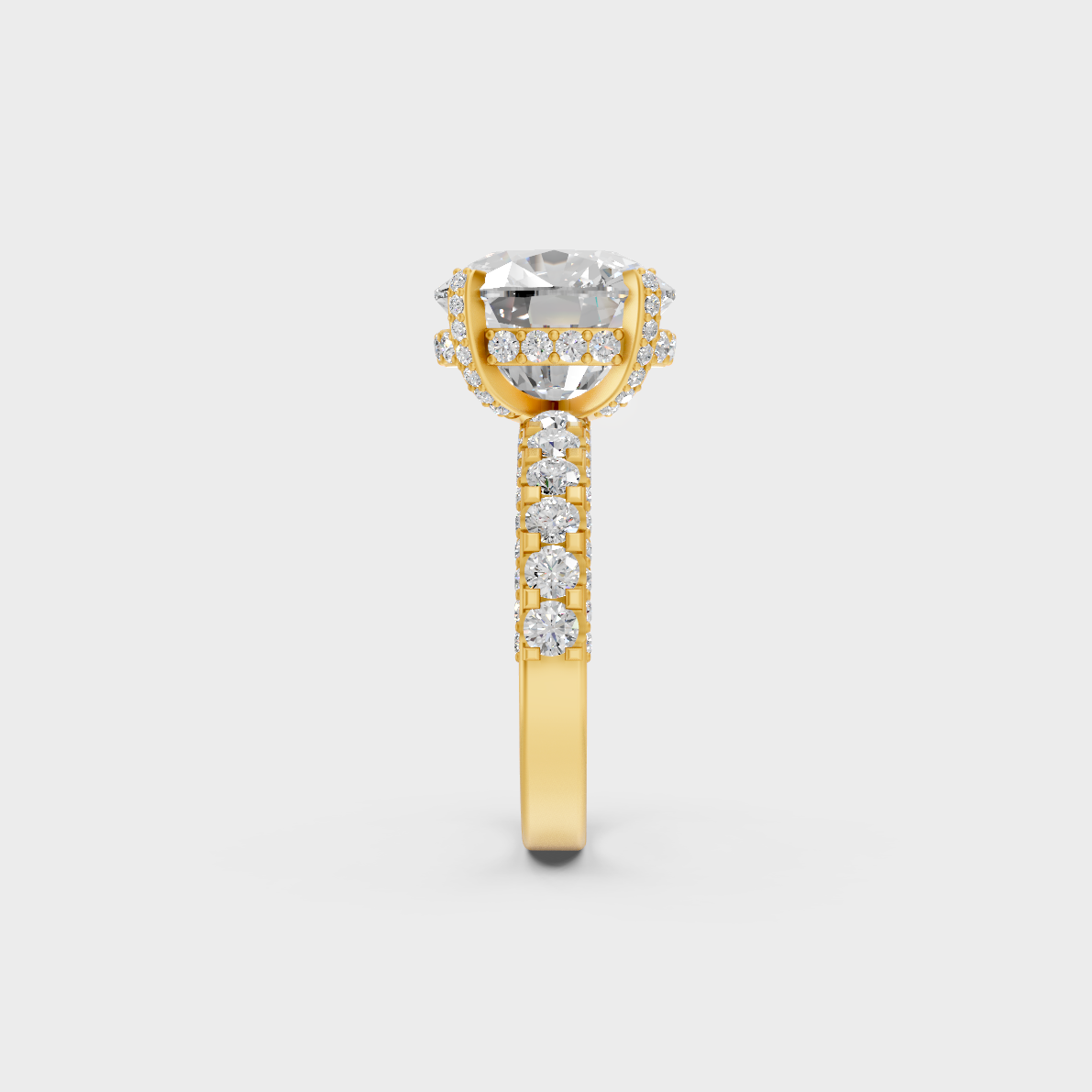 Side profile view of 8.15ct cushion cut accent diamond ring in polished yellow gold