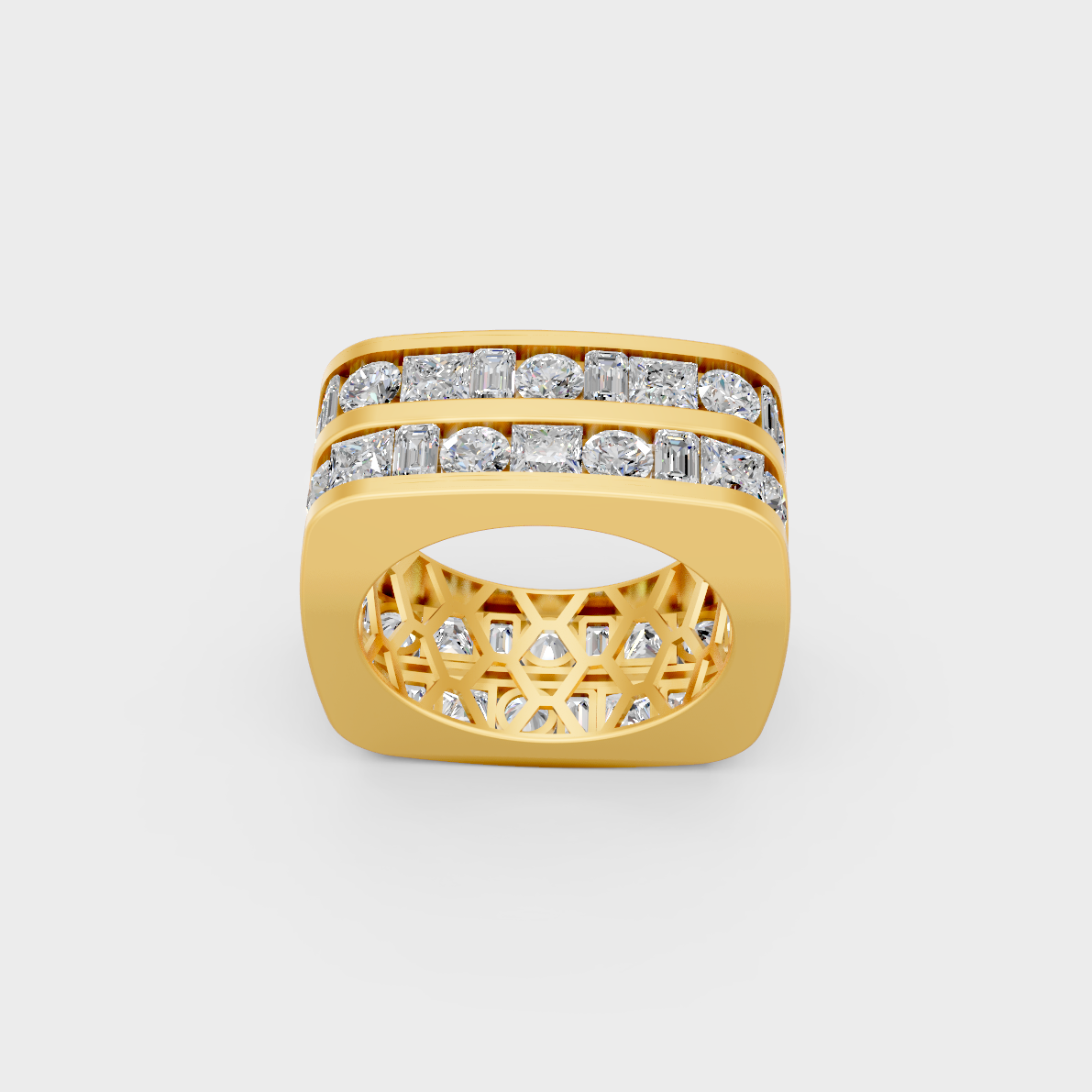 Close up detail of round and baguette cut lab diamonds set across yellow gold mens ring band