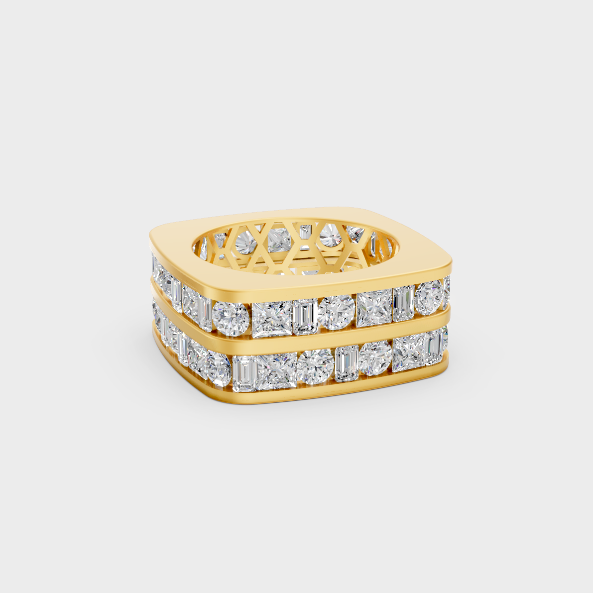 12 carat round and baguette cut lab grown diamond mens band in 18k yellow gold front view