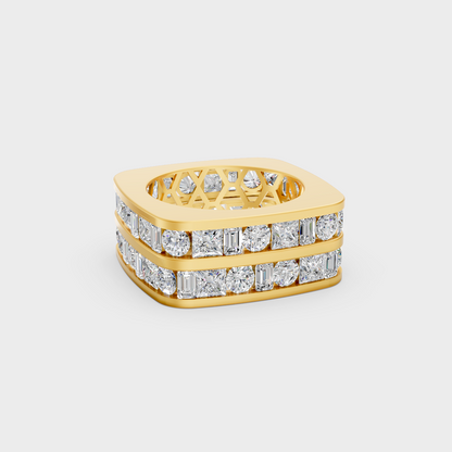 12 carat round and baguette cut lab grown diamond mens band in 18k yellow gold front view