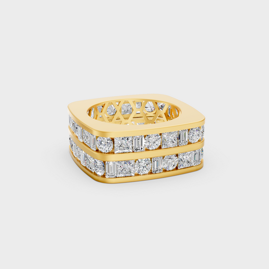 12 carat round and baguette cut lab grown diamond mens band in 18k yellow gold front view