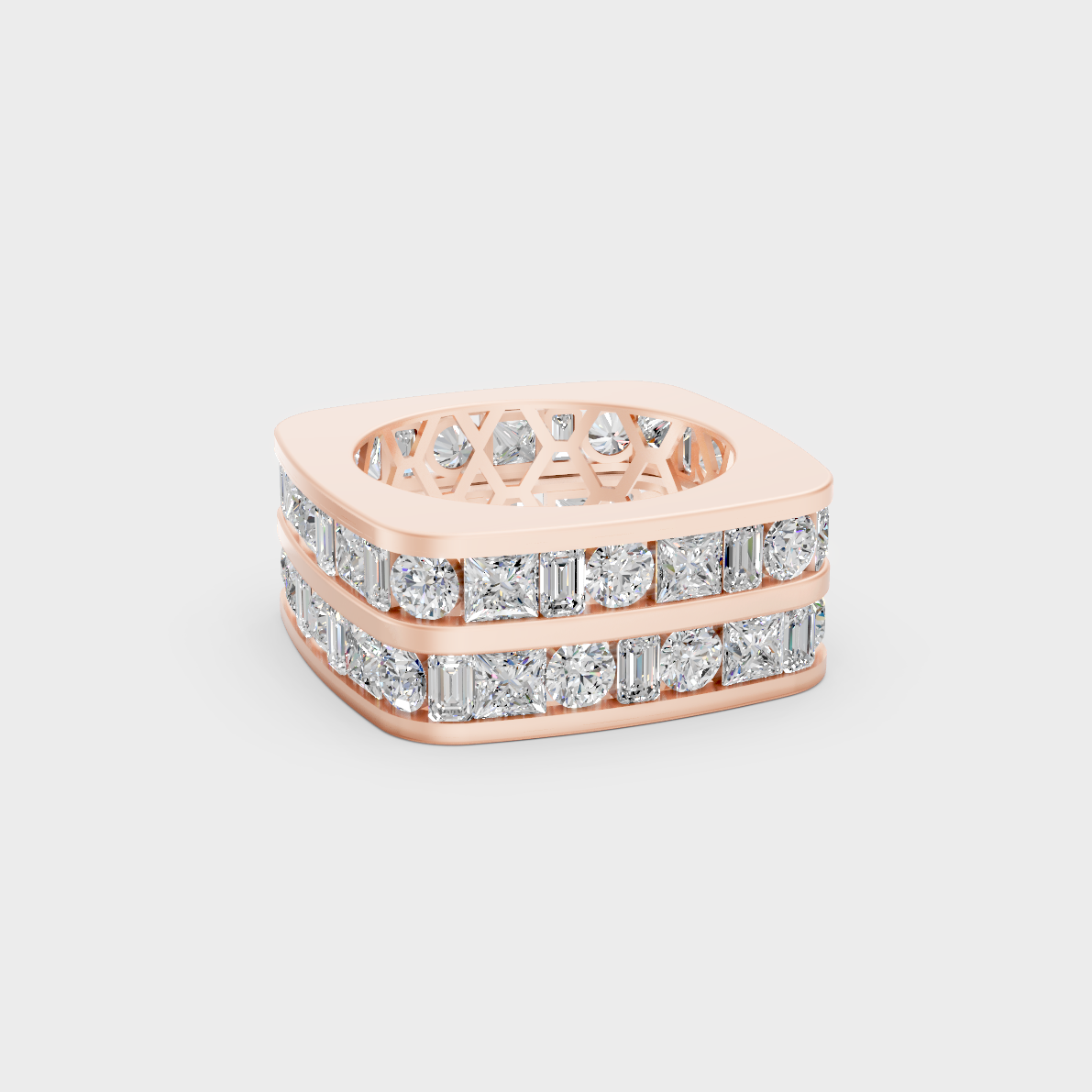12 carat round and baguette cut lab grown diamond mens band crafted in 14k rose gold