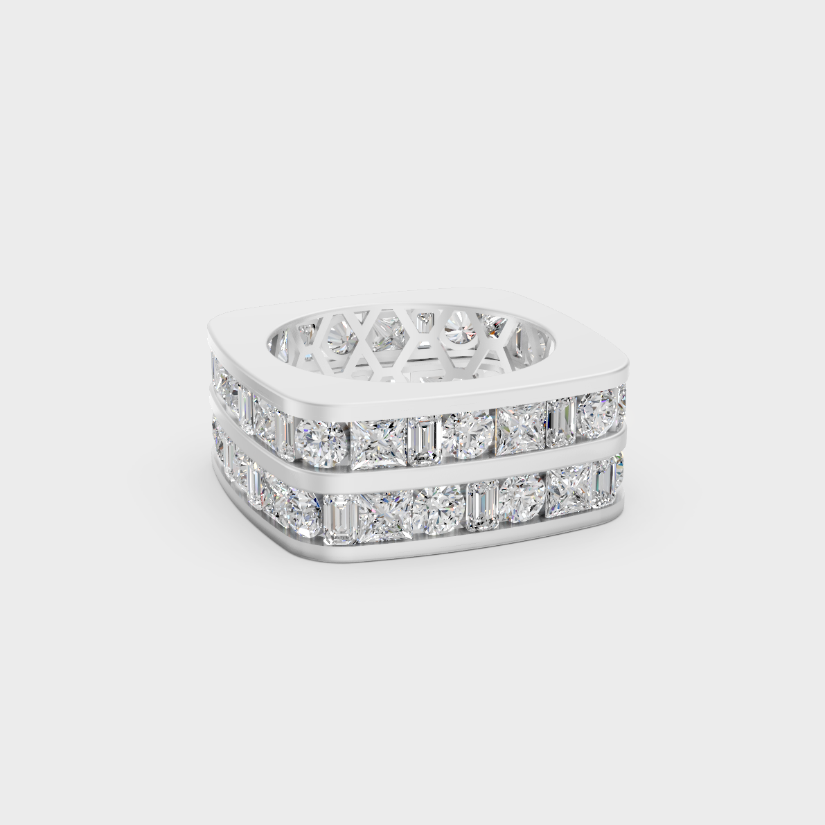 12 carat round and baguette cut lab grown diamond mens band in classic white gold and platinum