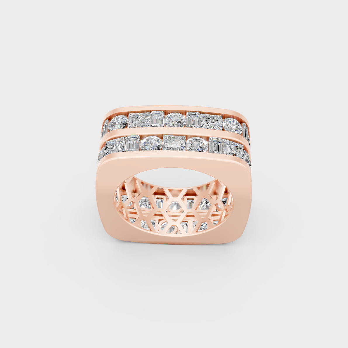 Macro close up of alternating round and baguette lab diamonds on rose gold mens ring
