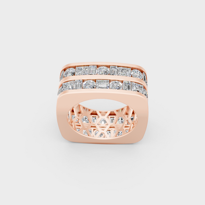 Macro close up of alternating round and baguette lab diamonds on rose gold mens ring