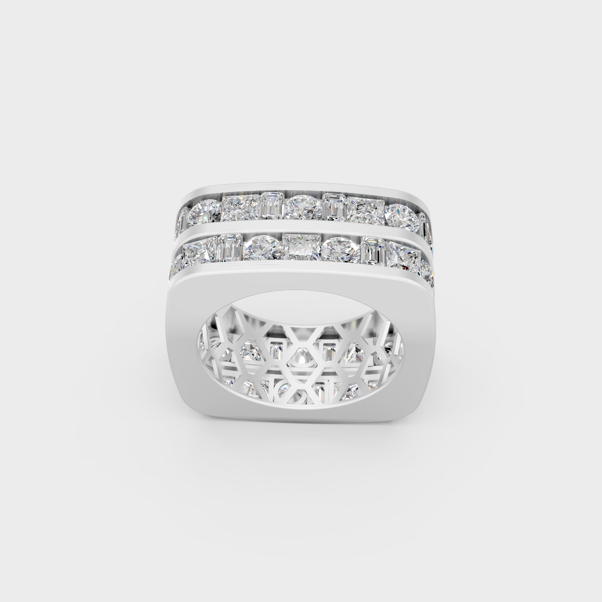 Detailed macro shot of round and baguette diamonds in white metal mens band setting
