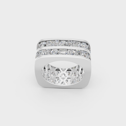 Detailed macro shot of round and baguette diamonds in white metal mens band setting