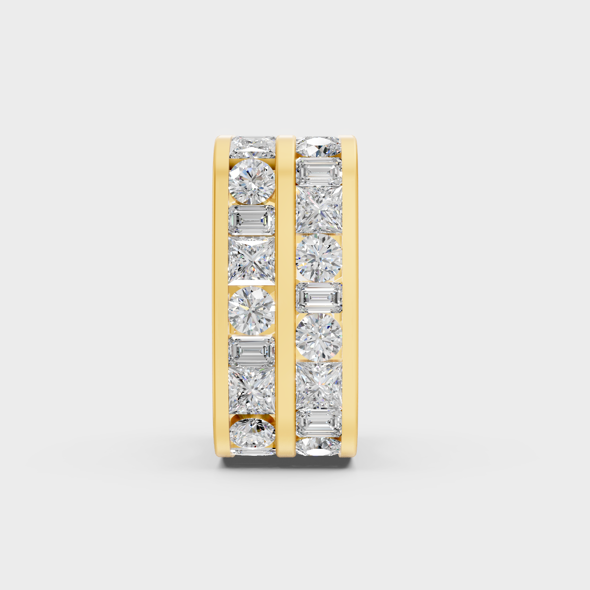 Hand model showcasing 12 carat lab grown diamond mens statement band in yellow gold