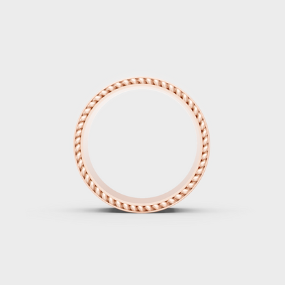 Angled profile view of 3.08ct luxury diamond mens band in contemporary rose gold