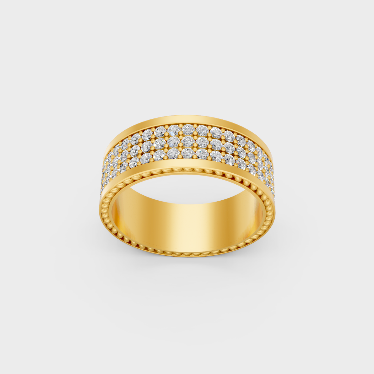 Close up detail of round brilliant lab diamonds set across yellow gold mens ring band