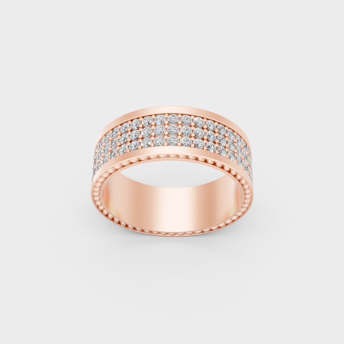 Macro close up of brilliant round lab diamonds on rose gold mens ring band