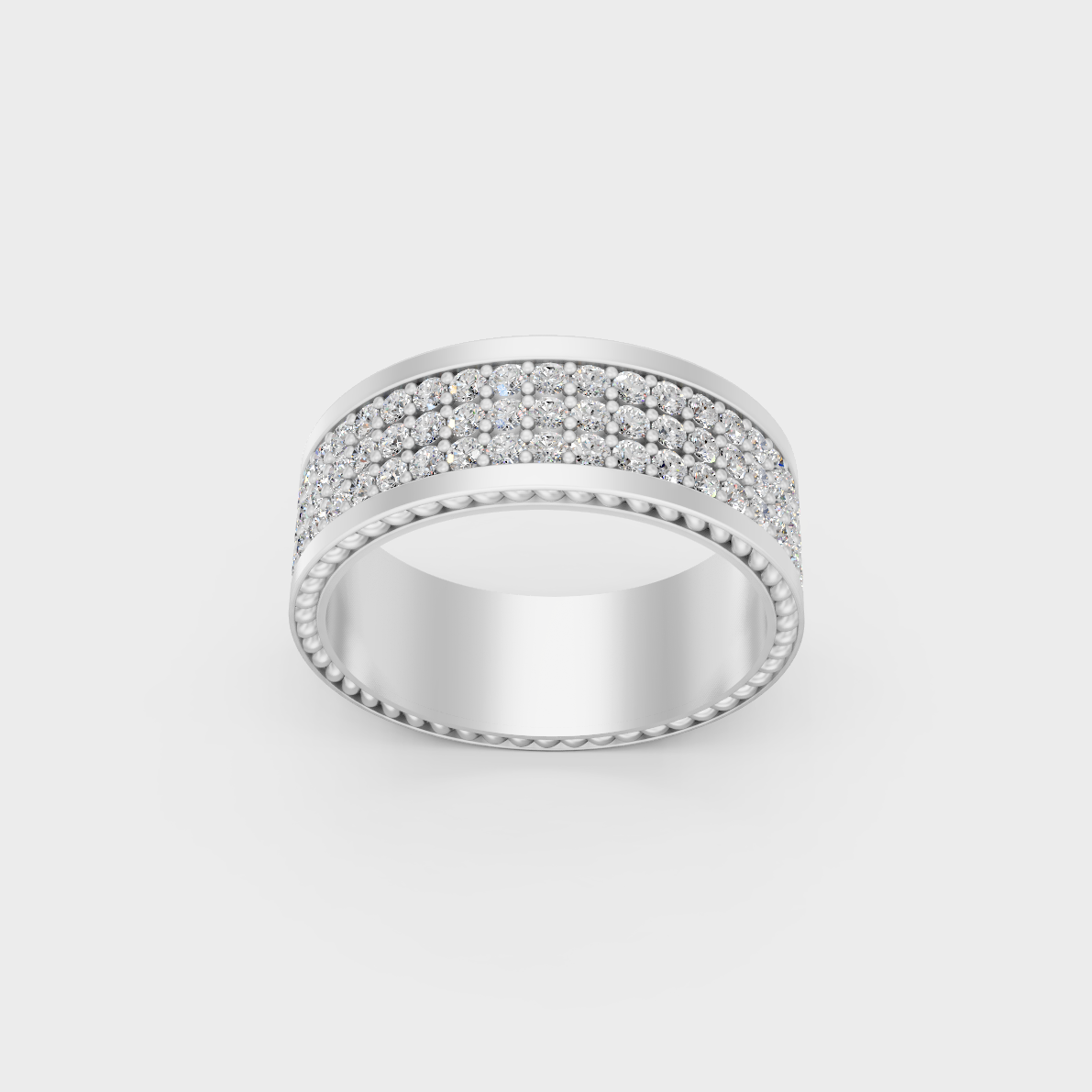 Detailed macro shot of round brilliant diamonds in white metal mens band setting