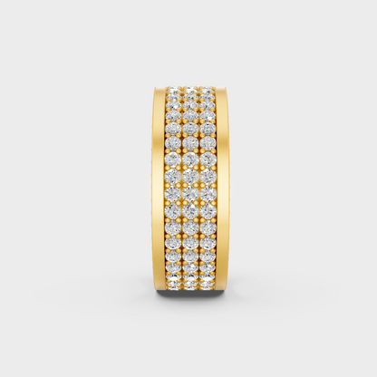 Hand model showcasing 3.08 carat lab grown diamond mens statement band in yellow gold