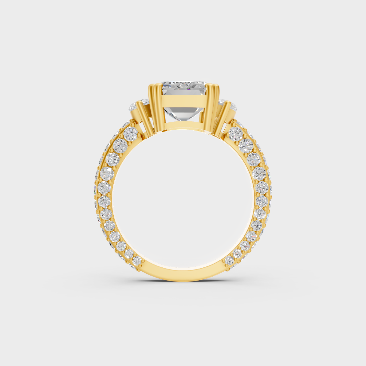 Side profile perspective of 7.50ct multishape luxury diamond ring in yellow gold