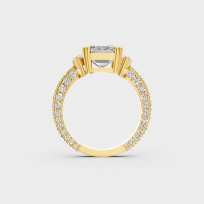 Side profile perspective of 7.50ct multishape luxury diamond ring in yellow gold