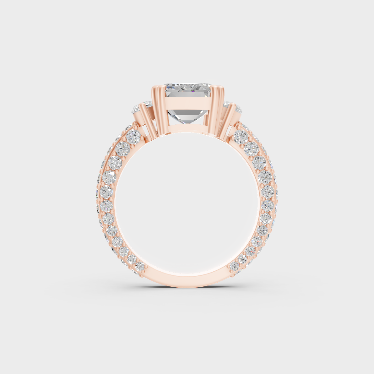 Angled profile view of 7.50ct multishape luxury diamond ring in contemporary rose gold