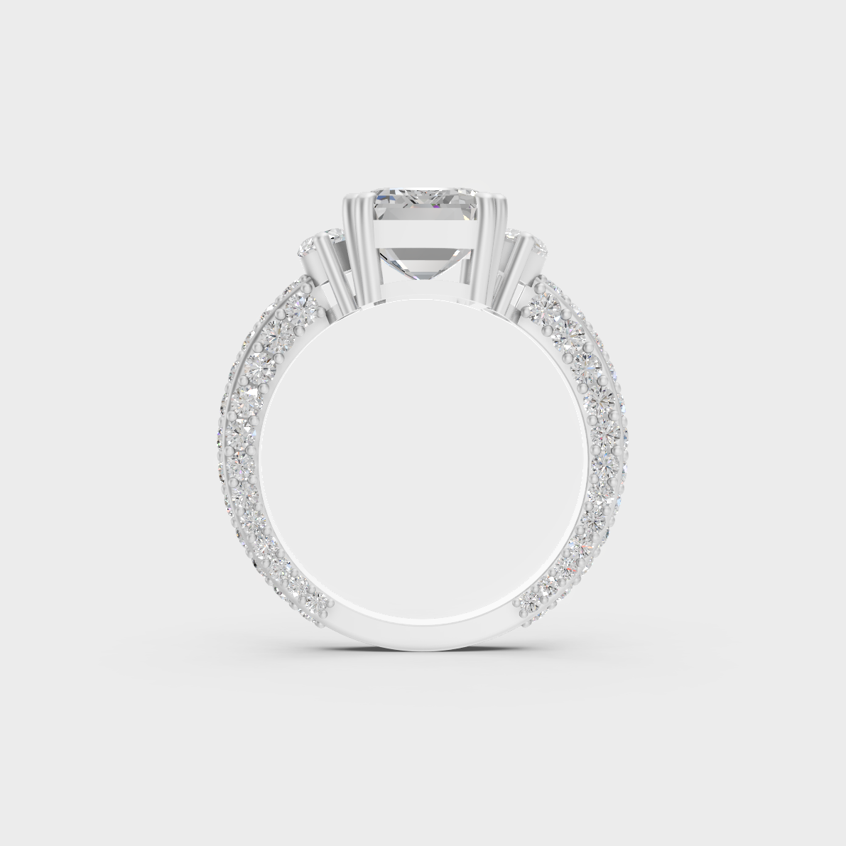 Profile view showing basket structure and prongs of 7.50ct multishape ring in white gold