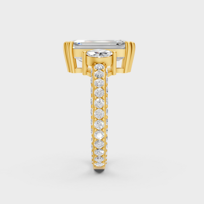 Hand model showcasing 7.50 carat multishape lab grown diamond ring in yellow gold