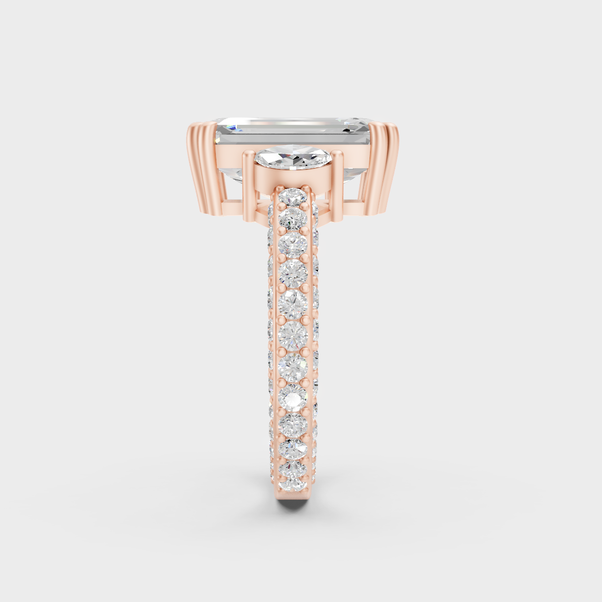 On-hand fit shot of 7.50 carat multishape lab grown diamond ring in rose gold finish