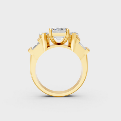 Side profile perspective of 3.20ct multishape luxury diamond ring in yellow gold