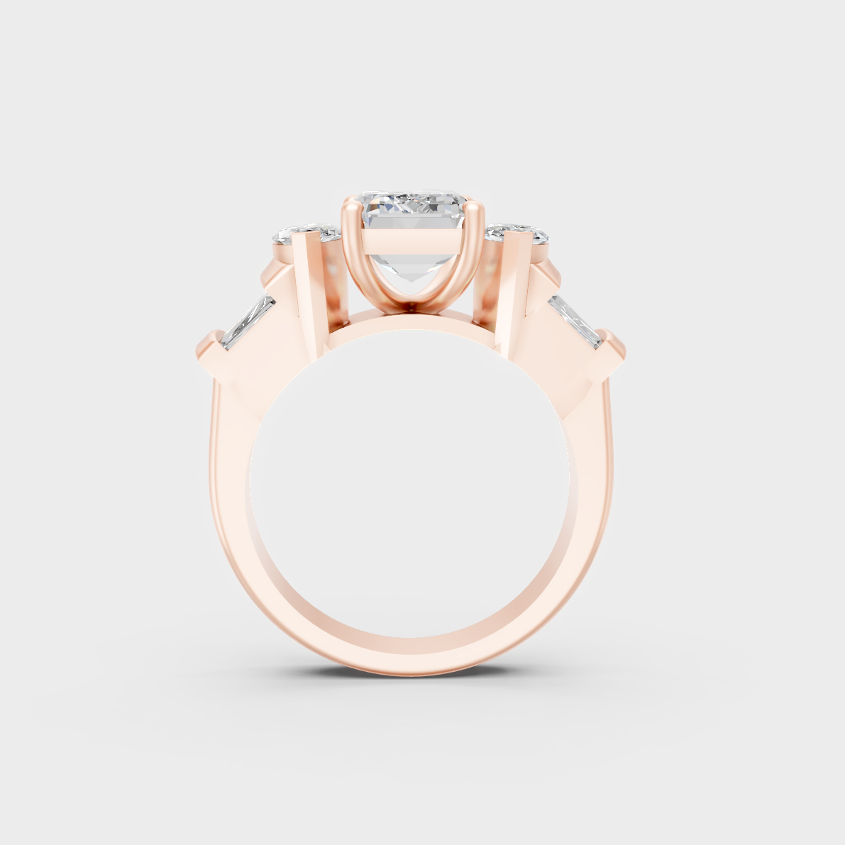 Angled profile view of 3.20ct multishape luxury diamond ring in contemporary rose gold