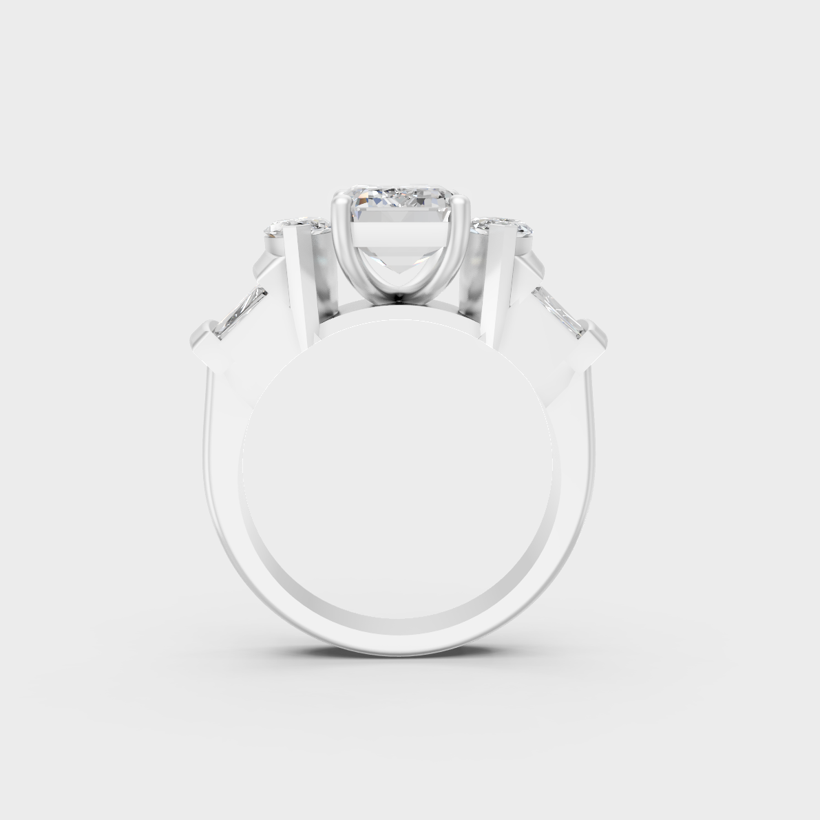 Profile view showing basket structure and prongs of 3.20ct multishape ring in white gold