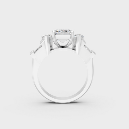 Profile view showing basket structure and prongs of 3.20ct multishape ring in white gold