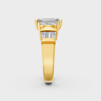 Hand model showcasing 3.20 carat multishape lab grown diamond ring in yellow gold