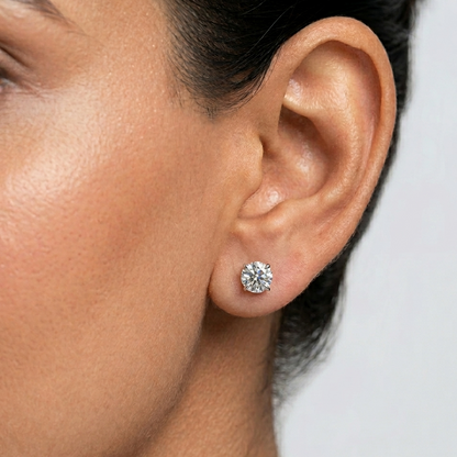 Lab-grown diamond stud earrings with 1 ct each round-cut diamonds (approx. 2 ct total), crafted in white gold with options in 9K, 14K, 18K rose, white, or yellow gold, and 950 platinum—ethical luxury jewelry with timeless elegance.