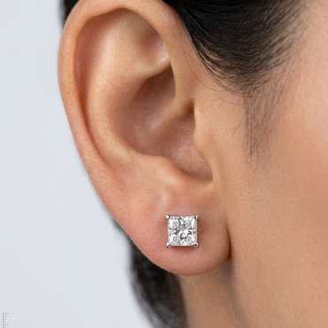 Lab-grown diamond stud earrings with 0.50 ct each princess-cut diamonds (approx. 1 ct total), crafted in 9K, 14K, 18K rose, white, or yellow gold, and 950 platinum—ethical luxury jewelry with timeless style.