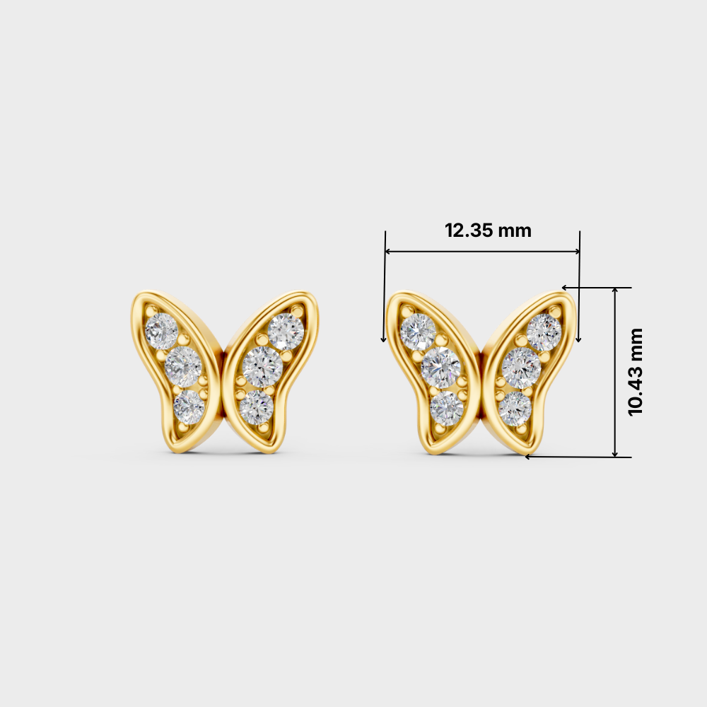 A pair of gold butterfly stud earrings set with clear gemstones, shown on a light gray background with dimension lines indicating 12.35 mm width and 10.
