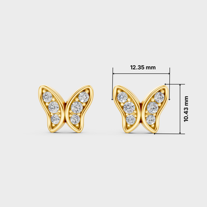 A pair of gold butterfly stud earrings set with clear gemstones, shown on a light gray background with dimension lines indicating 12.35 mm width and 10.