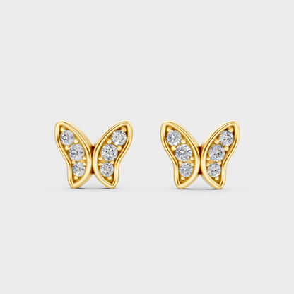 On-model ear wearing a pair of 0.63ct Round Lab Diamond Butterfly Studs in classic 9K Yellow Gold.