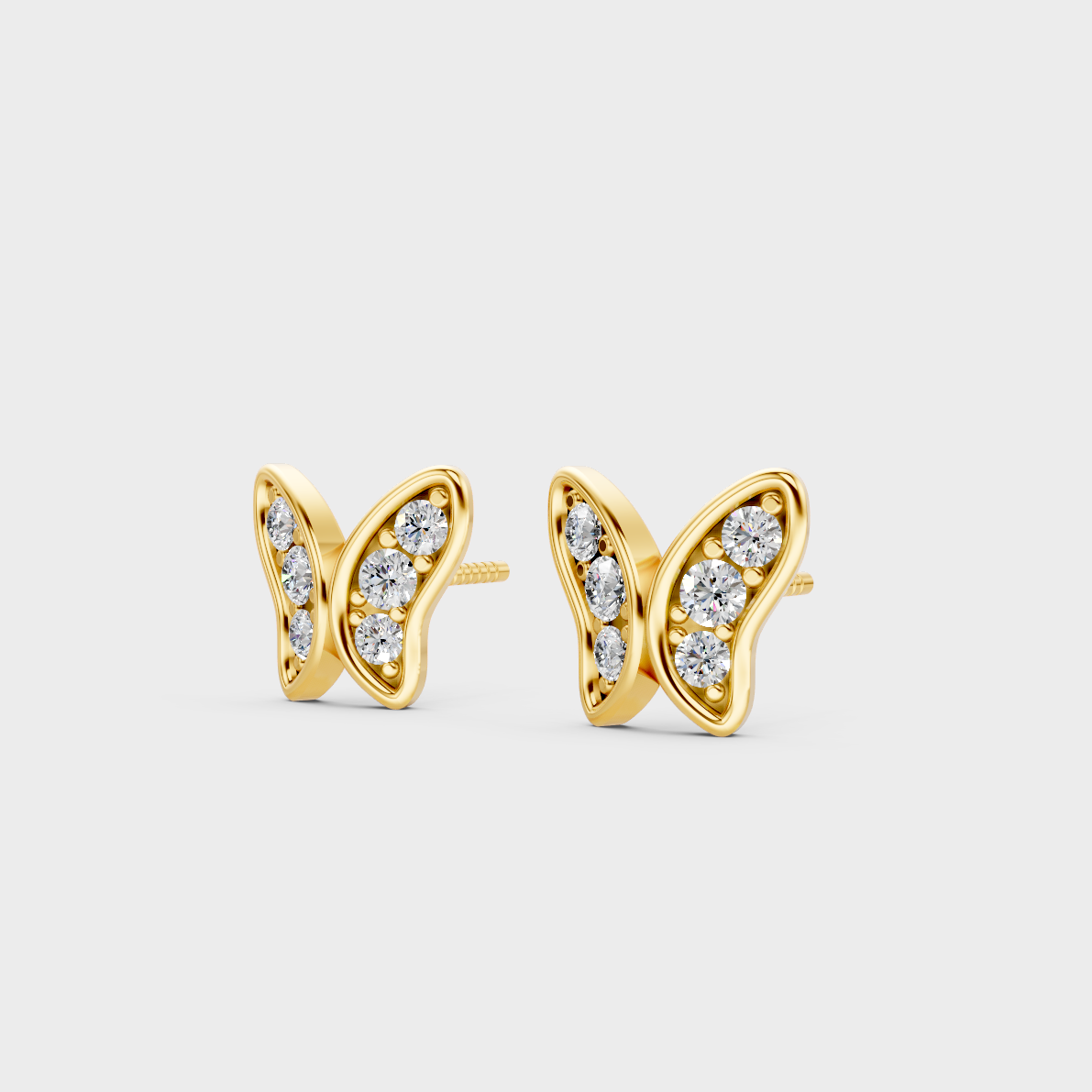 Side angle showing the secure backing and Brilliant Sparkle of Ethical Luxury Butterfly Earrings in 18K Yellow Gold.