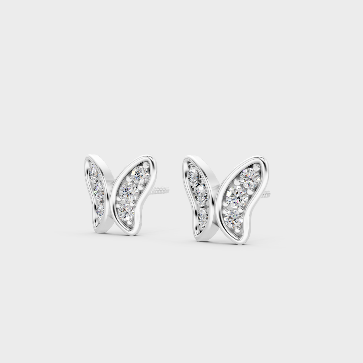Frontal view of Ethical Luxury Butterfly Studs featuring Round Cut Lab Diamonds set in 14K White Gold.