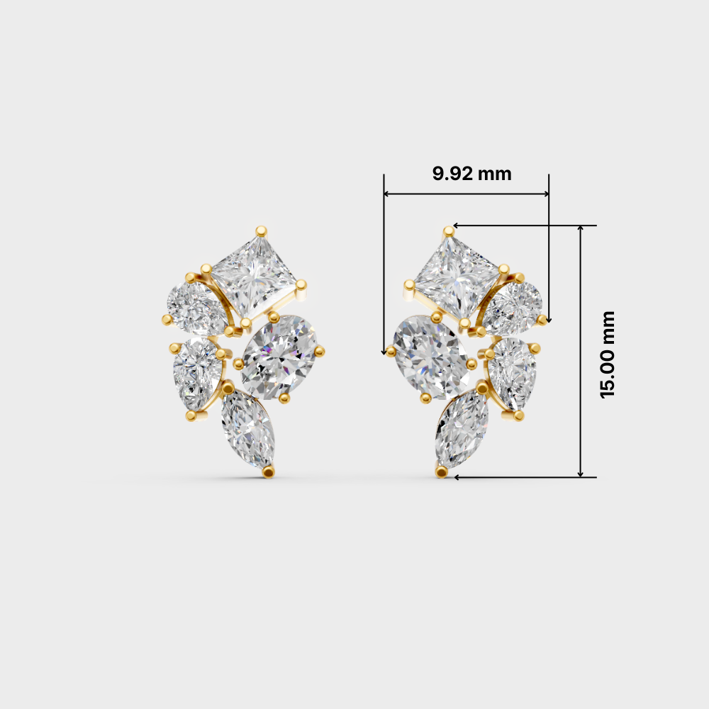 A pair of gold stud earrings with clear marquise and round-cut stones, shown on a light gray background with dimension lines and measurements of 9.92 mm width and 15.