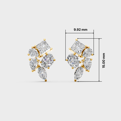 A pair of gold stud earrings with clear marquise and round-cut stones, shown on a light gray background with dimension lines and measurements of 9.92 mm width and 15.
