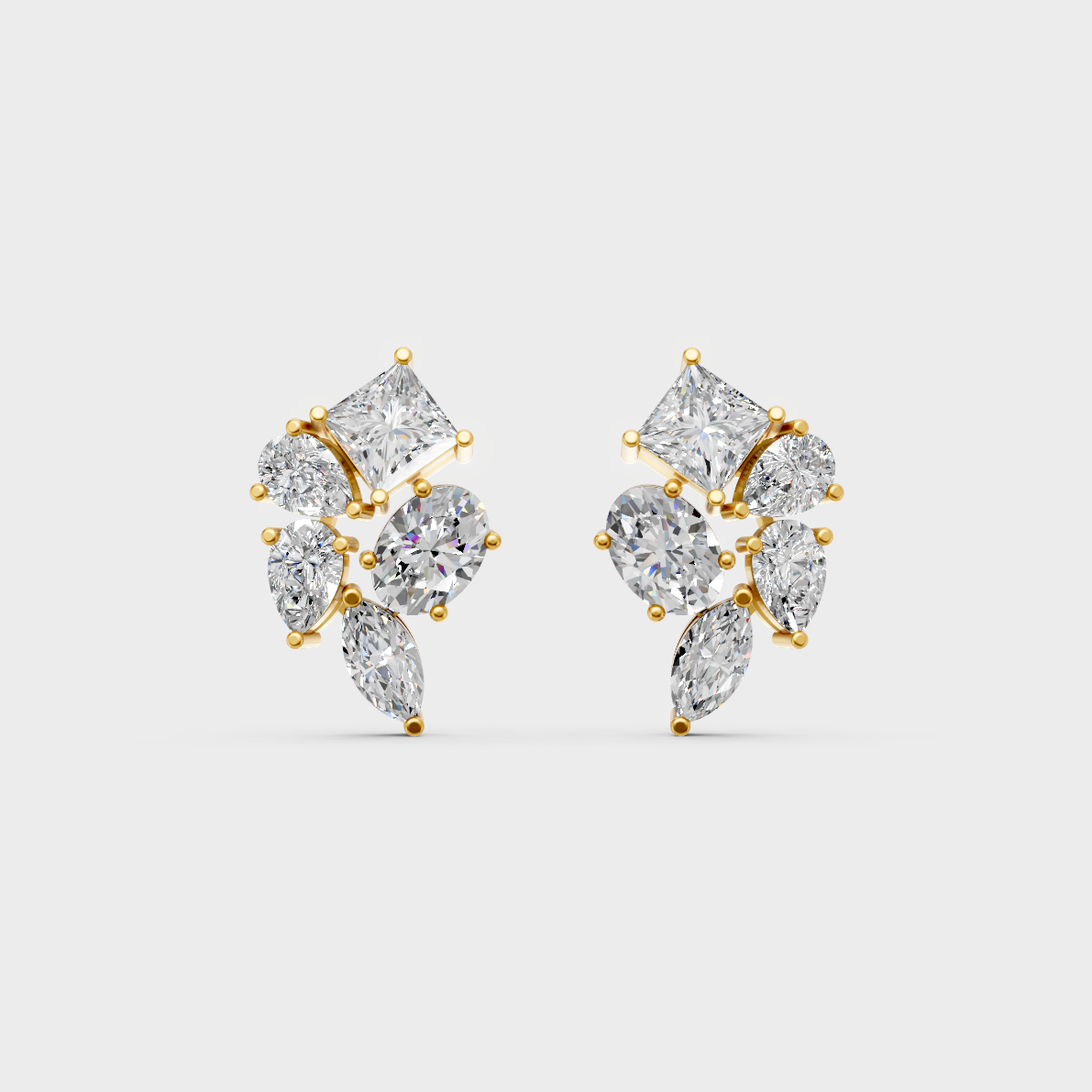 On-model ear wearing a pair of 2.40ct Multishape Lab Diamond Stud Earrings in classic 9K Yellow Gold.